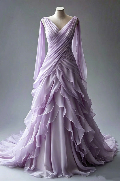 Princess Ball Gown V Neckline Pleats White Chiffon Wedding Dresses SD1741