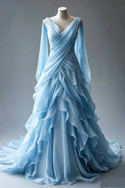 Princess Ball Gown V Neckline Pleats White Chiffon Wedding Dresses SD1741