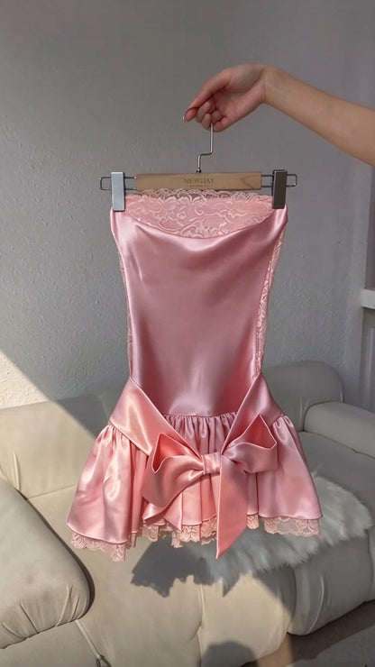 Cute Pink Satin Lace Short Graduation Homecoming Dress Halter Mini Party Dress D4655