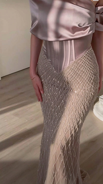 Pretty Sage Green Satin Sequin Mermaid Long Evening Dress Off The Shoulder Long Birthday Prom Dress D4797