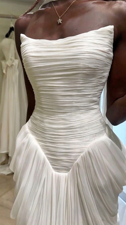 Glamorous Strapless White Chiffon Pleated Mermaid Long Wedding Dress Bridal Gown With Scarf D4815