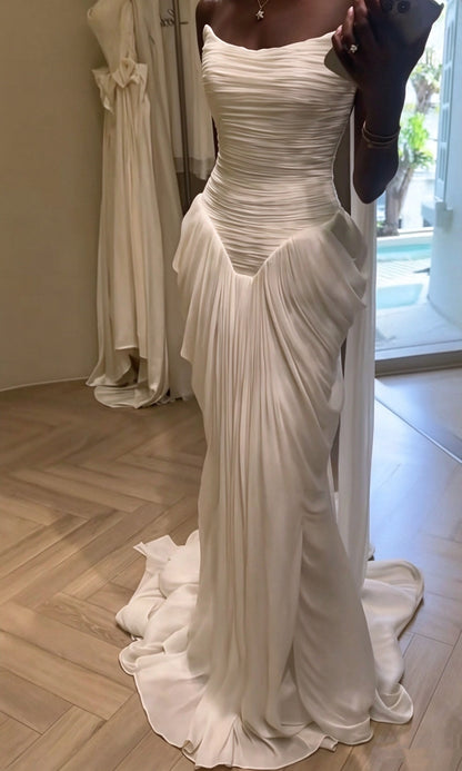 Glamorous Strapless White Chiffon Pleated Mermaid Long Wedding Dress Bridal Gown With Scarf D4815