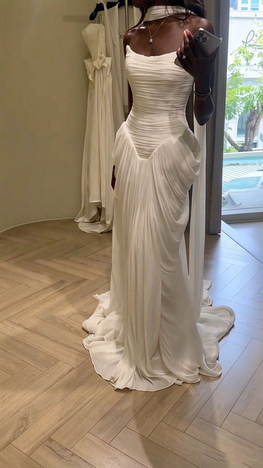 Glamorous Strapless White Chiffon Pleated Mermaid Long Wedding Dress Bridal Gown With Scarf D4815