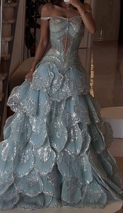 Shiny Off The Shoulder Tulle Petals Sequin Long Evening Dress Blue Birthday Party Dress D4819
