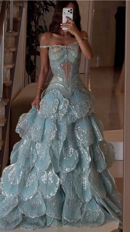 Shiny Off The Shoulder Tulle Petals Sequin Long Evening Dress Blue Birthday Party Dress D4819