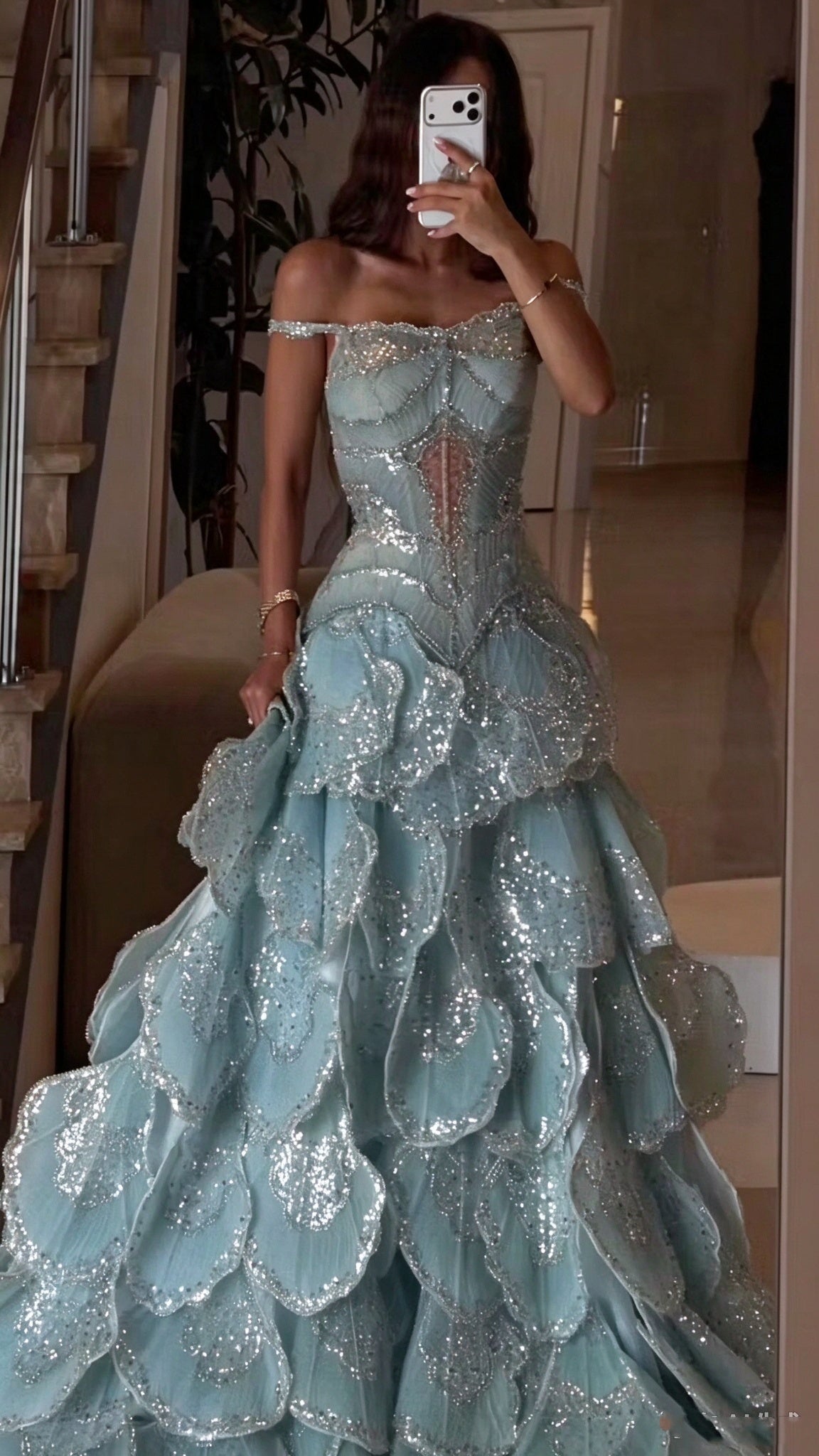 Shiny Off The Shoulder Tulle Petals Sequin Long Evening Dress Blue Birthday Party Dress D4819
