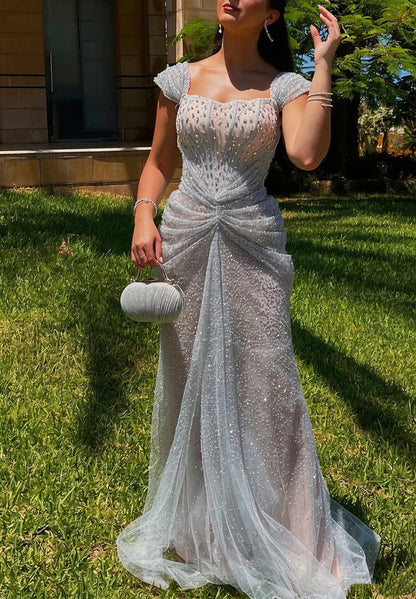 Pretty Light Blue Tulle Sequin Beaded Mermaid Long Prom Dress Evening Gown D4823