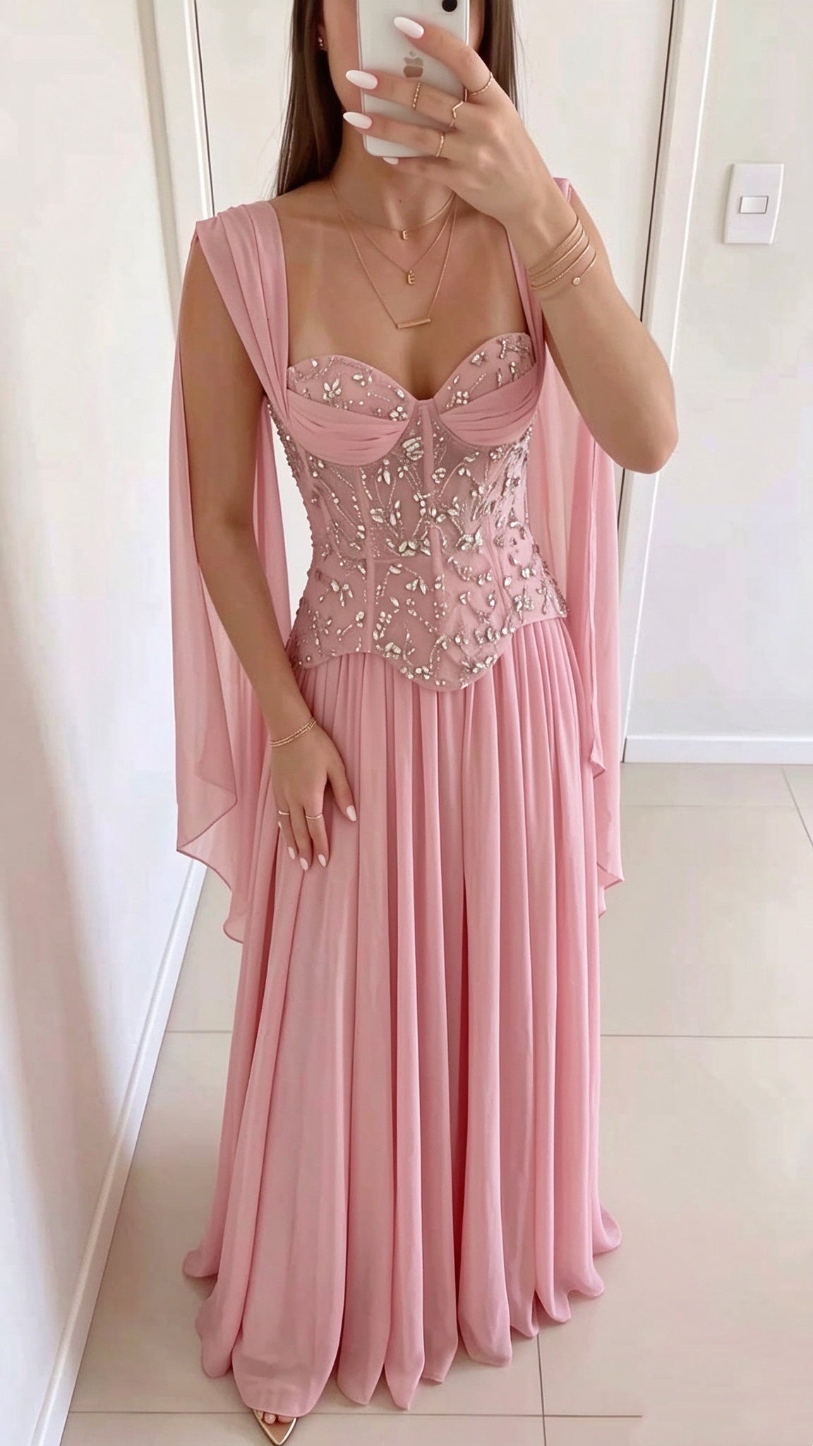 Pretty Pink Chiffon Beaded A Line Long Prom Dress Party Dress D4970