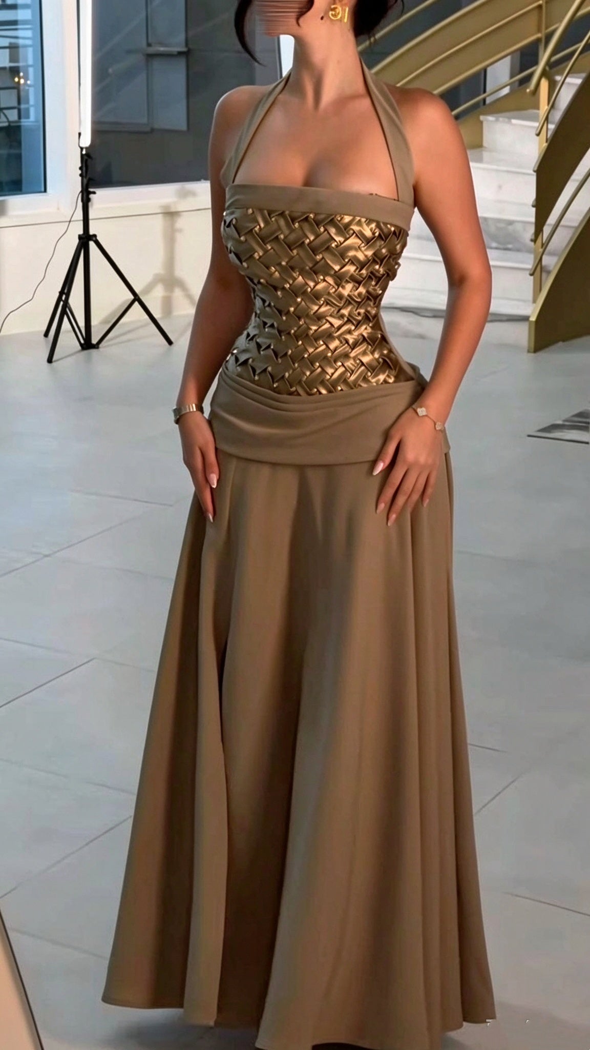 Vintage Taupe Halter Satin Beaded Slit Long Birthday party Dress Prom Gown D4978