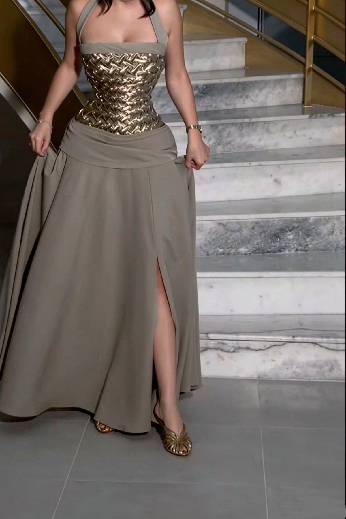Vintage Taupe Halter Satin Beaded Slit Long Birthday party Dress Prom Gown D4978