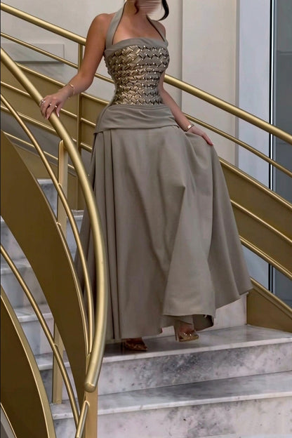 Vintage Taupe Halter Satin Beaded Slit Long Birthday party Dress Prom Gown D4978