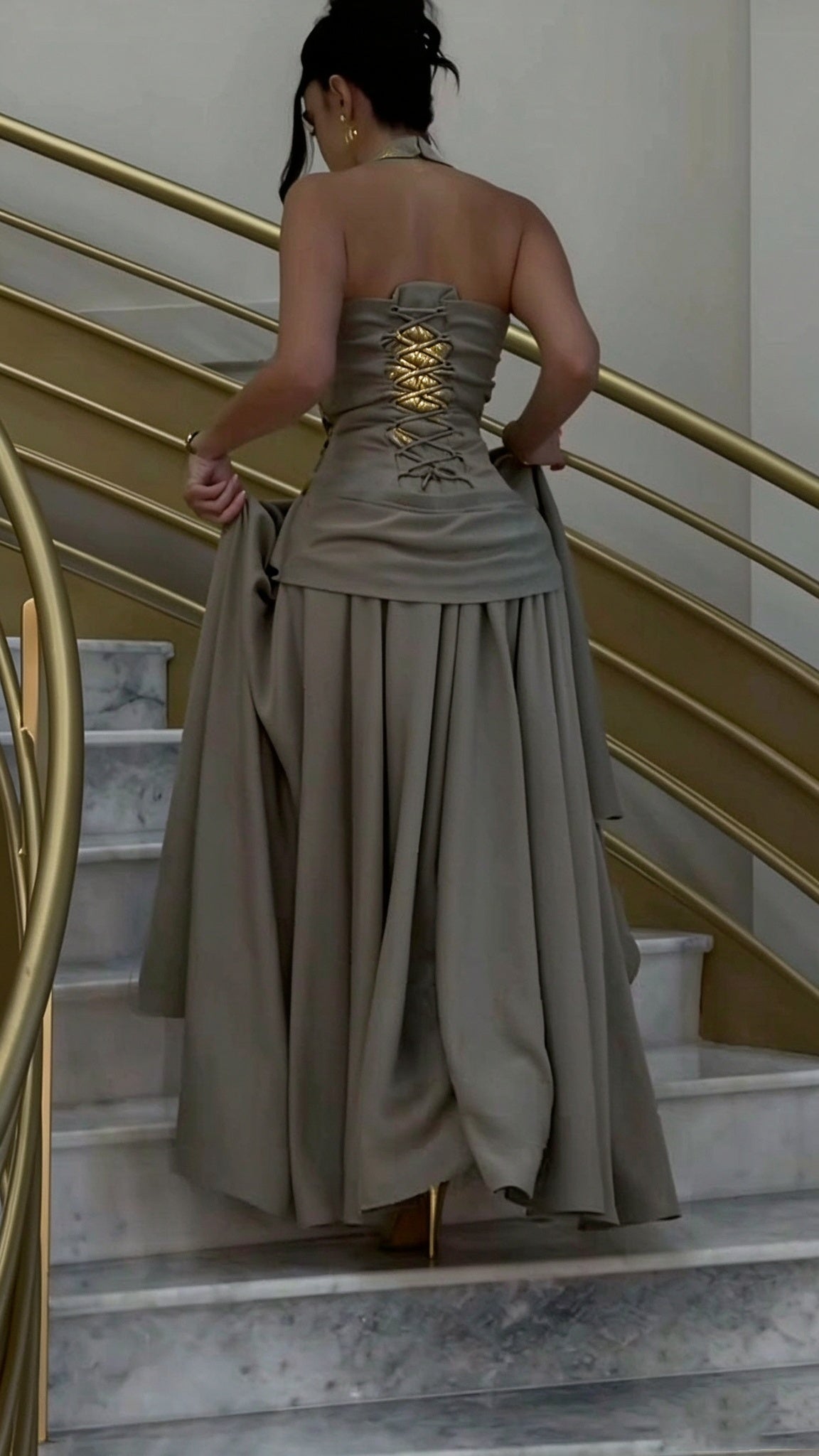 Vintage Taupe Halter Satin Beaded Slit Long Birthday party Dress Prom Gown D4978