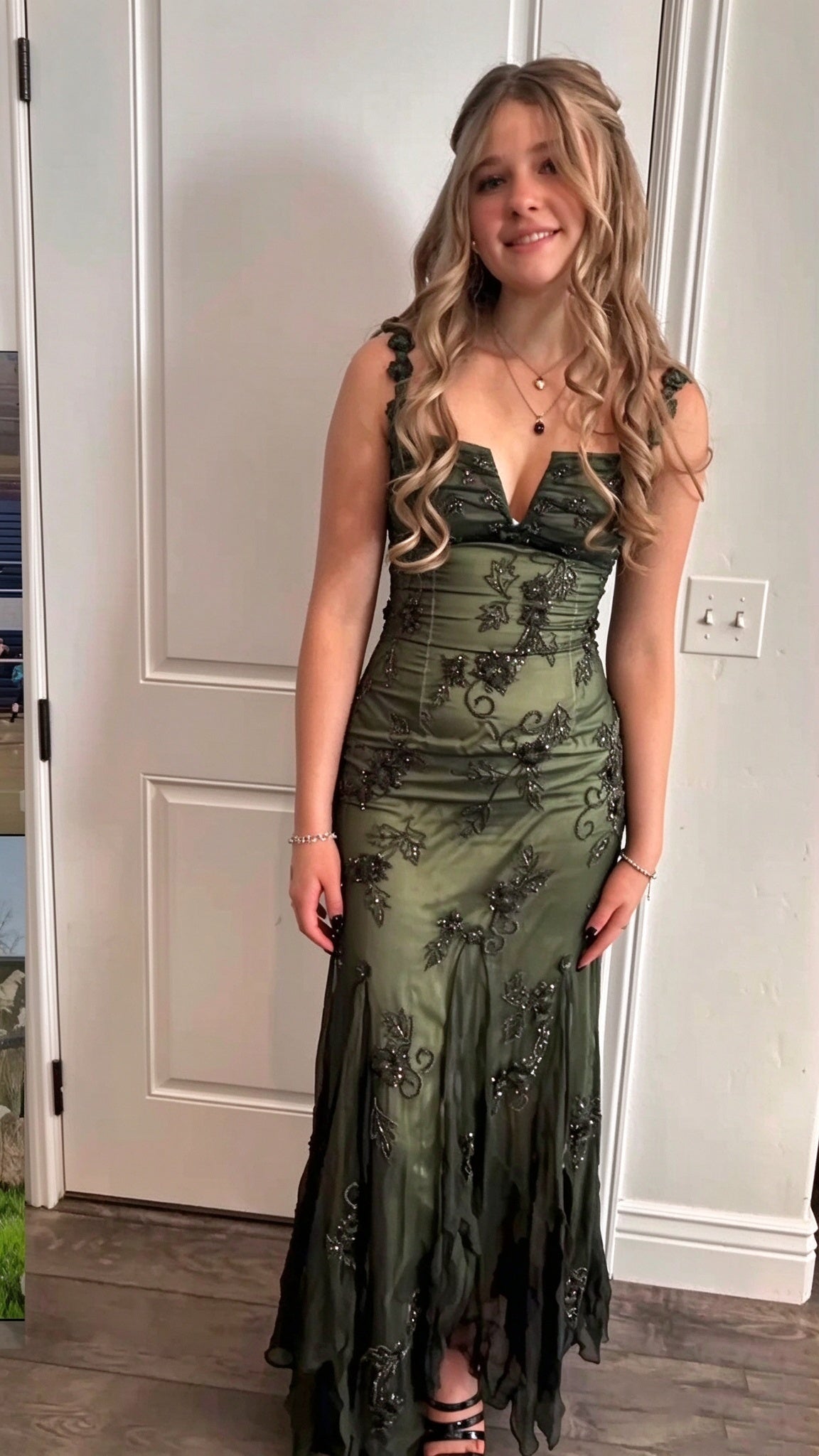 Vintage Chiffon Beaded Mermaid Party Dress Green Long Evening Dress D5041