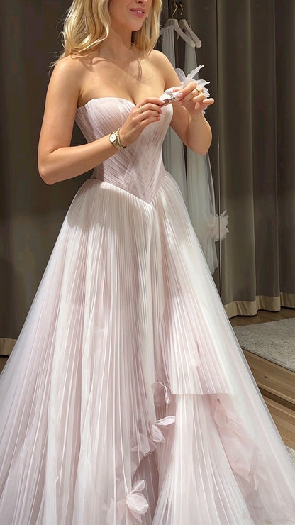 Glamorous Sweetheart Neck Pink Tulle Appliques Long Wedding Dress D5043