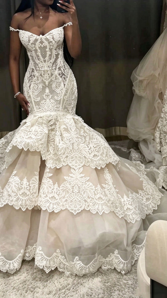 Glamorous White Off The Shoulder Lace Mermaid Long Wedding Dress D5044