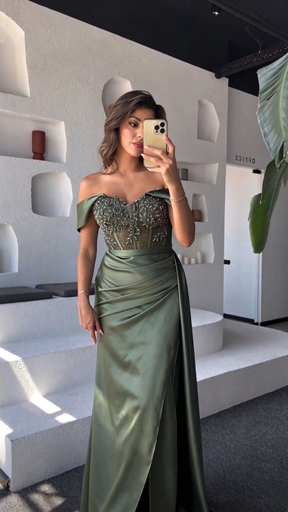 Elegant Green Satin Pleated Beaded Mermaid Long Party Dress Off The Shoulder Evening Dress D5055