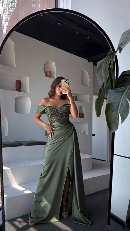 Elegant Green Satin Pleated Beaded Mermaid Long Party Dress Off The Shoulder Evening Dress D5055