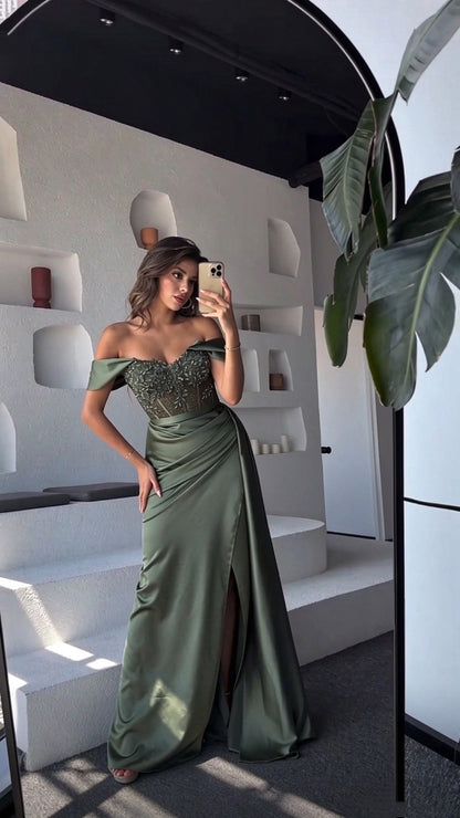 Elegant Green Satin Pleated Beaded Mermaid Long Party Dress Off The Shoulder Evening Dress D5055