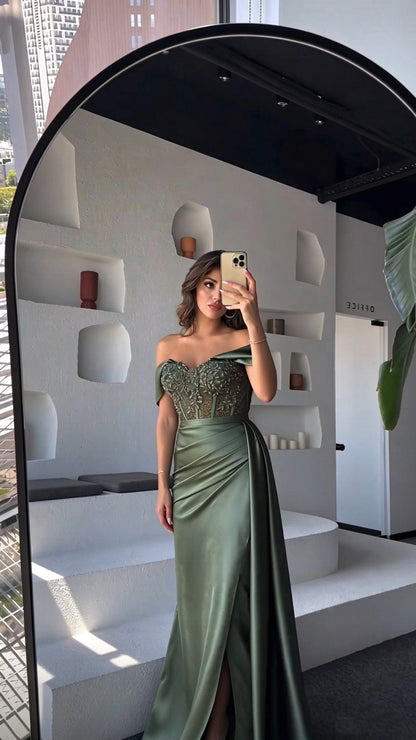 Elegant Green Satin Pleated Beaded Mermaid Long Party Dress Off The Shoulder Evening Dress D5055
