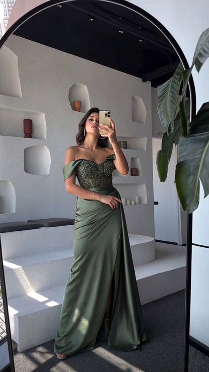 Elegant Green Satin Pleated Beaded Mermaid Long Party Dress Off The Shoulder Evening Dress D5055
