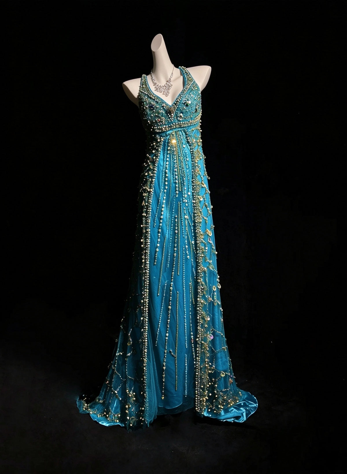 Gorgeous V Neck Blue Satin Tulle Beaded mermaid Long Party Dress Evening Dress D5076