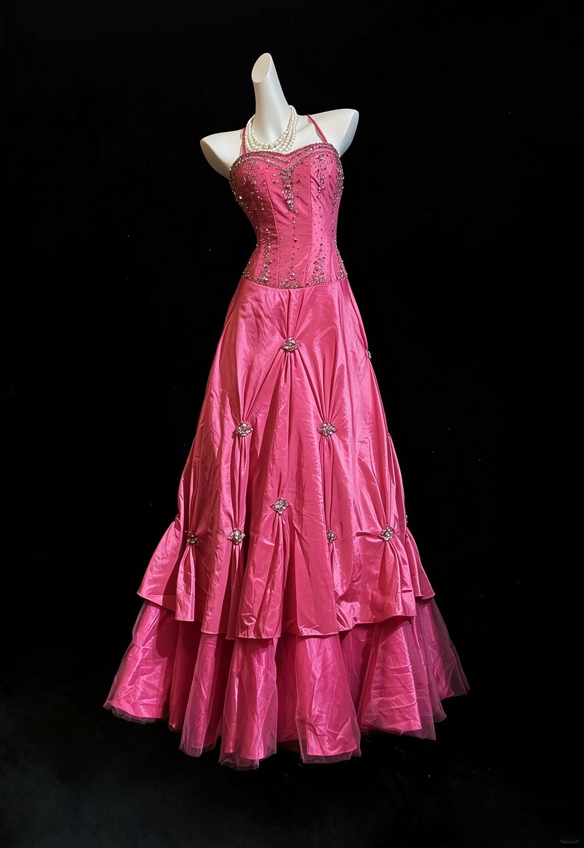 Gorgeous Halter Pink Satin Beaded A Line Long Party Dress Evening Dress D5077