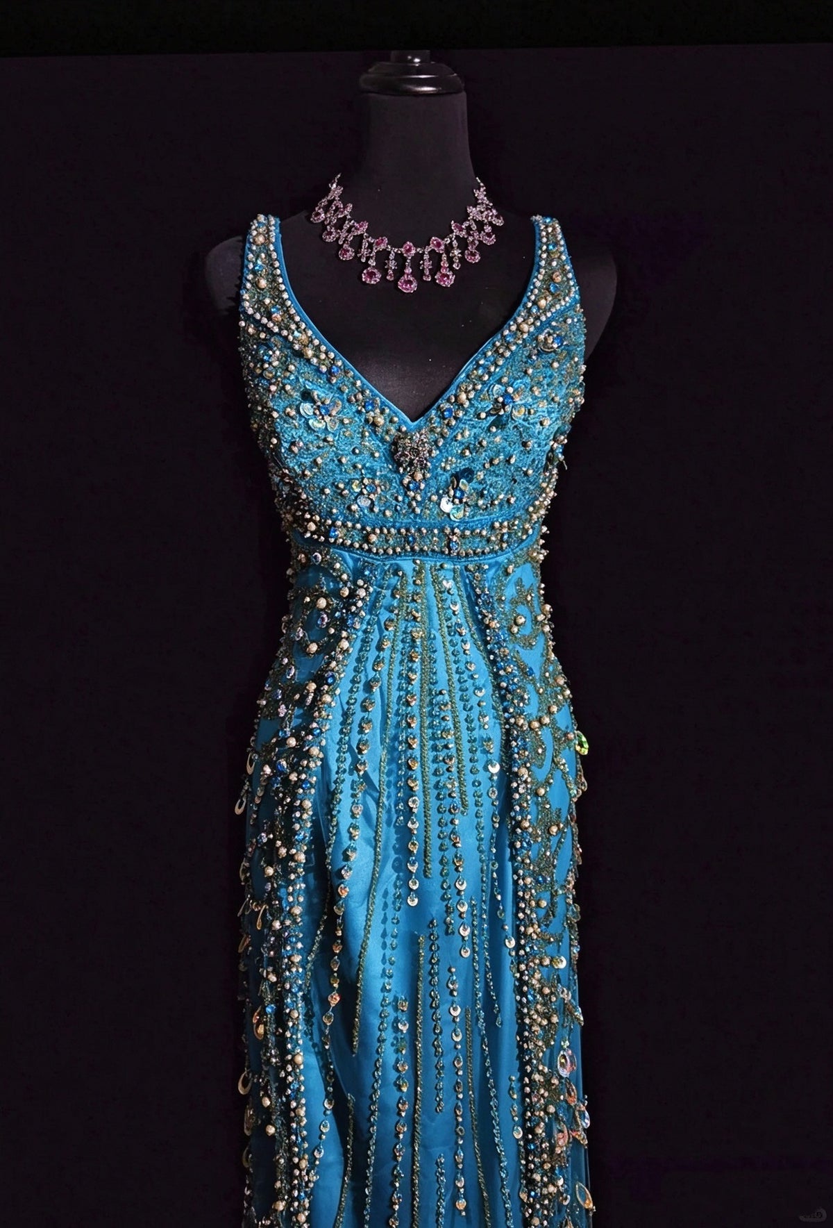 Gorgeous V Neck Blue Satin Tulle Beaded mermaid Long Party Dress Evening Dress D5076