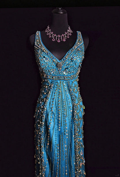 Gorgeous V Neck Blue Satin Tulle Beaded mermaid Long Party Dress Evening Dress D5076