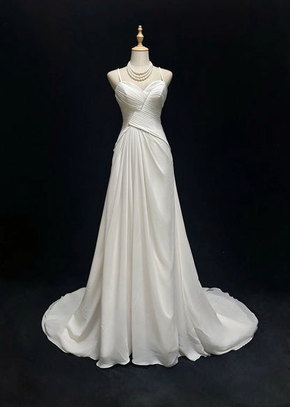 Gorgeous Spaghetti Straps White Chiffon Pleated Mermaid Long Party Dress Evening Dress D5079
