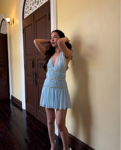 Classy Halter Chiffon Beaded A Line Mini Birthday Dress,Blue Short 8th Grade Homecoming Dress D3665