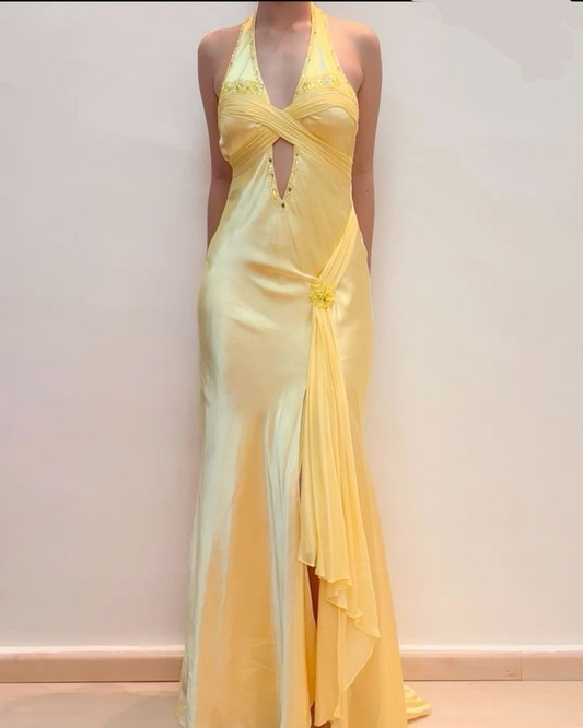 Pretty Mermaid V Neckline Satin Yellow Long Prom Dresses Formal Evening Dresses