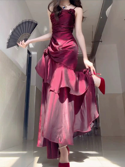 Wine Red Satin Long Straps Prom Dress Wine Red A-line Party Dress SD1360