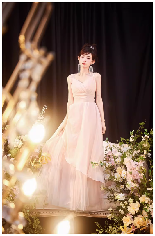 Sweet Pink Spaghetti Straps Tulle Beaded A Line Long Evening Dress Formal 20th Birthday Outfits D2457