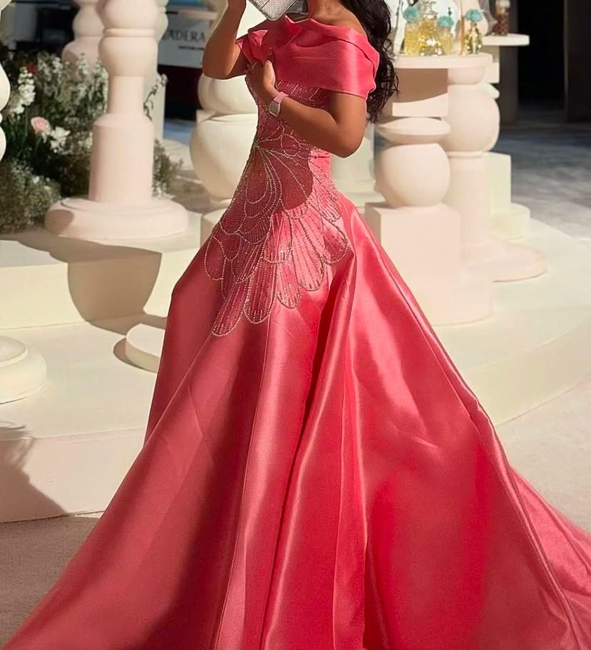 Beautiful Off The Shoulder Satin Beaded Pink Long Prom Dress Evening Gown D1213