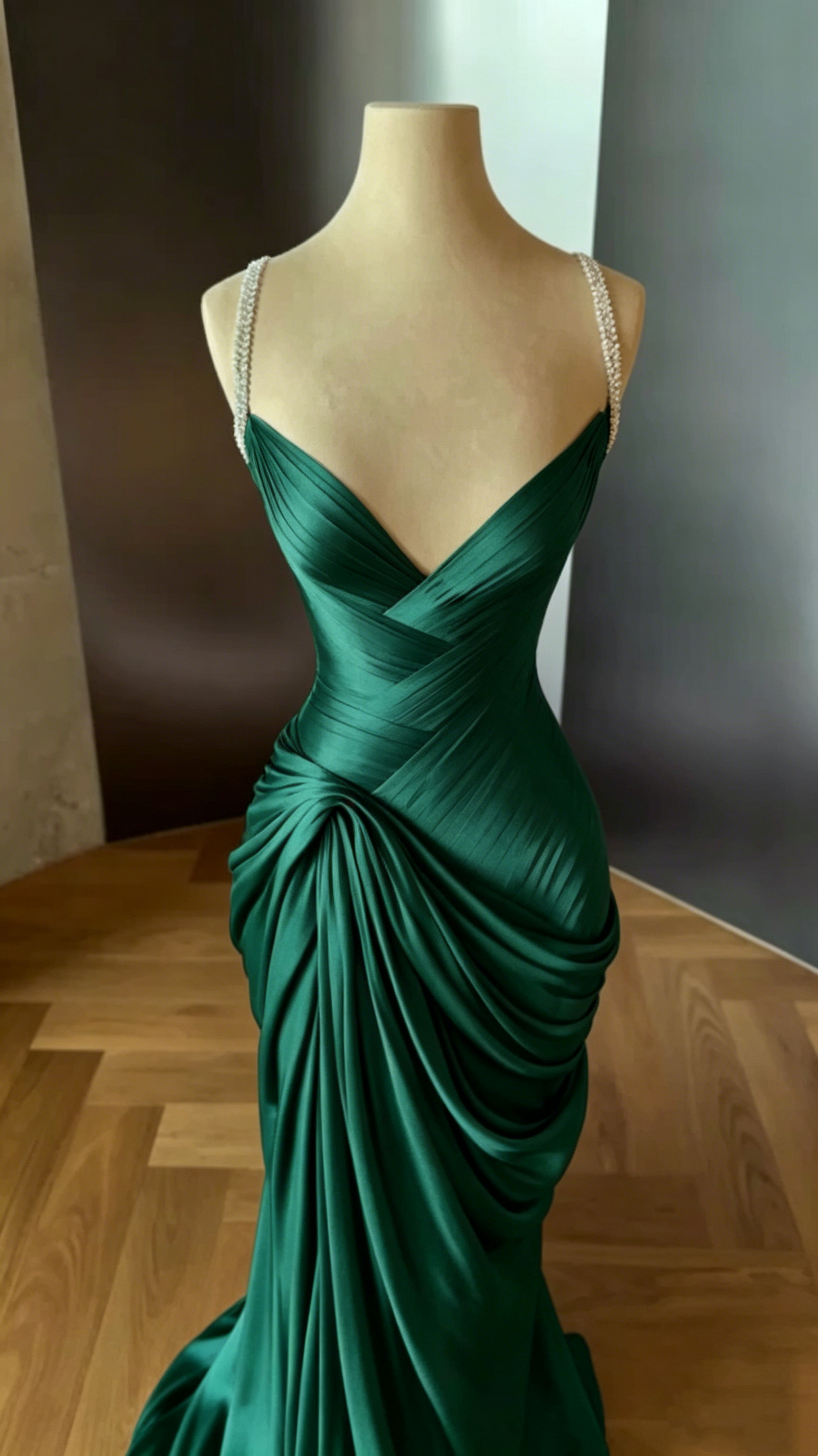Elegant Pink Spaghetti Straps Satin Pleated Mermaid Long Party Dress Evening Dress D2978