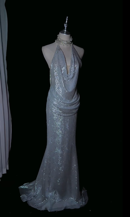 Glamorous Silver Sequin Tassel Mermaid Long Evening Dress Halter Backless Party Dress D5167
