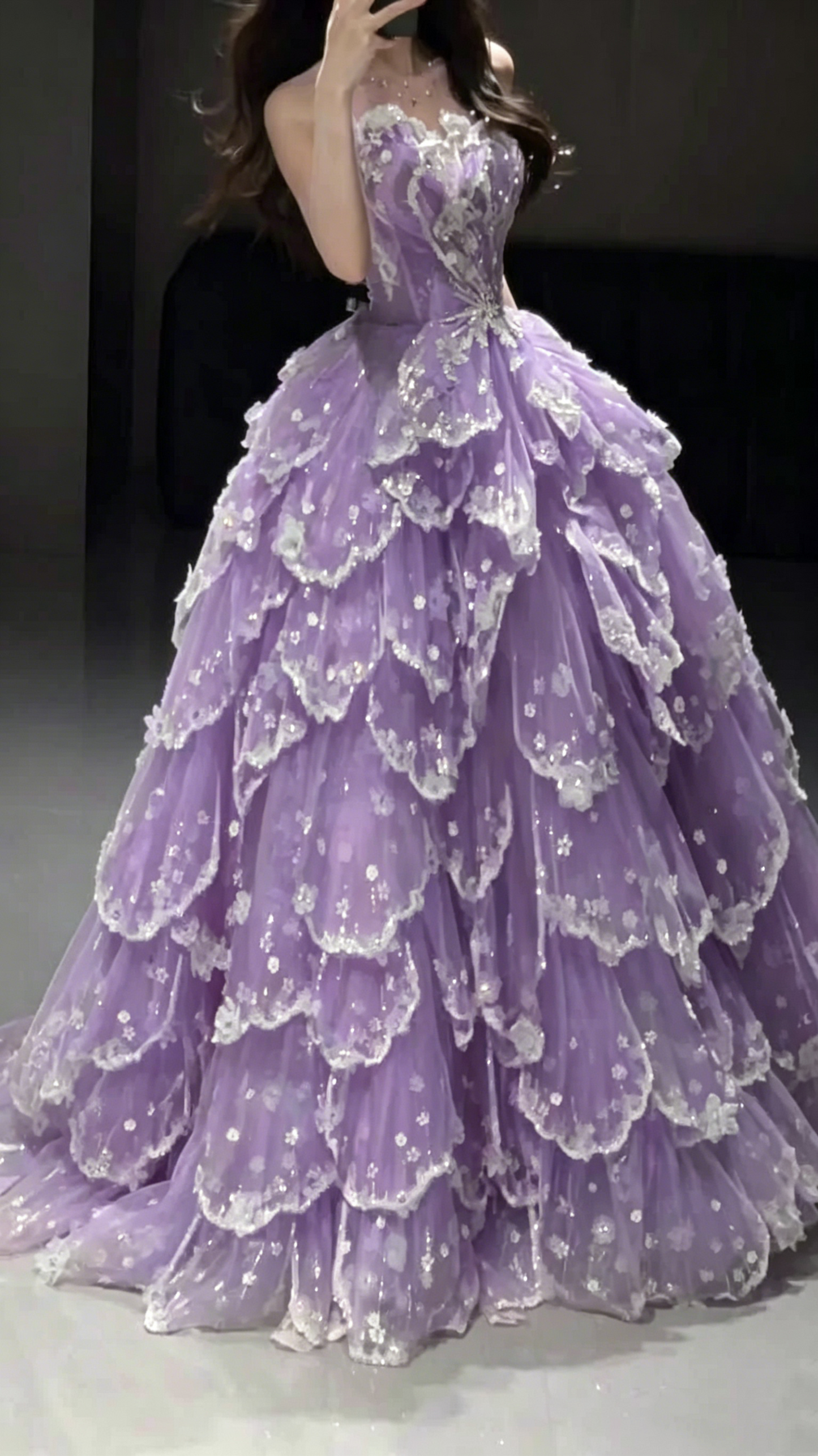 Glamorous Strapless Ball Gown Pink Tulle Sequin Layered Long Evening Dress Birthday Party Gown D1942