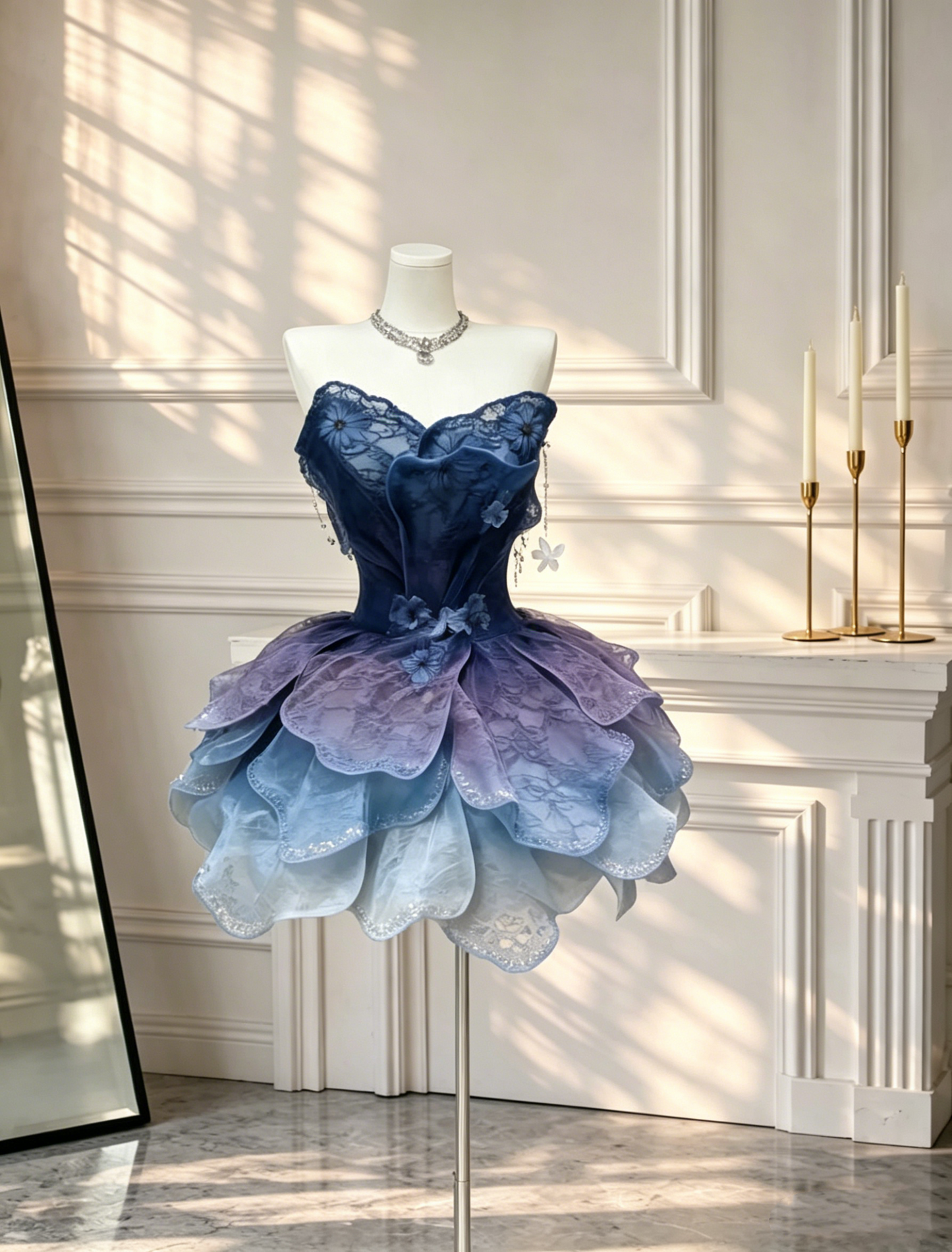 Gorgeous Ombre Blue Lace Petals A Line Short Homecoming Dress Strapless 17th Birthday Outfits D2549