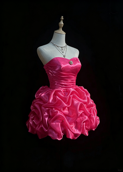 Sexy Hot Pink Satin Pleated Beaded A Line Short 6th Grade Homecoming Dress,Strapless Mini Birthday Dress D3382
