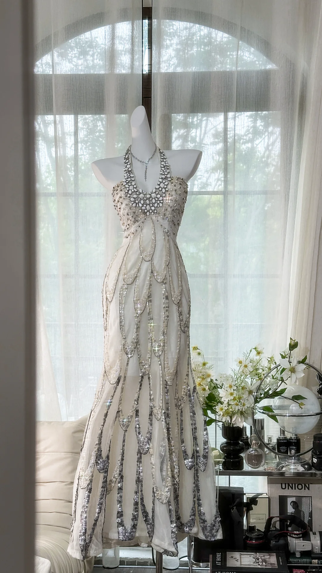 Classy Halter Chiffon Sequin Beaded Mermaid Evening Dress Long Prom Gown D1314