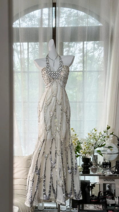 Classy Halter Chiffon Sequin Beaded Mermaid Evening Dress Long Prom Gown D1314