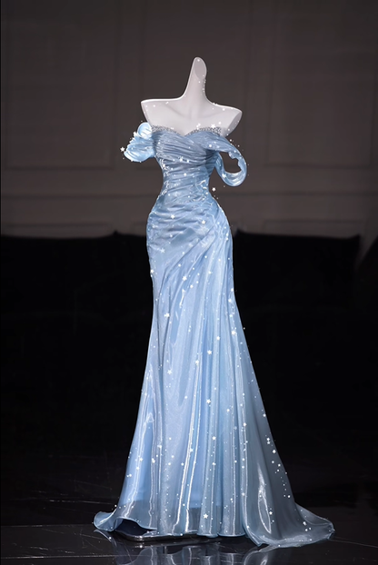 Glamorous Light Blue Tulle Beaded Mermaid Evening Dress Off The Shoulder Long Birthday Party Dress D5208