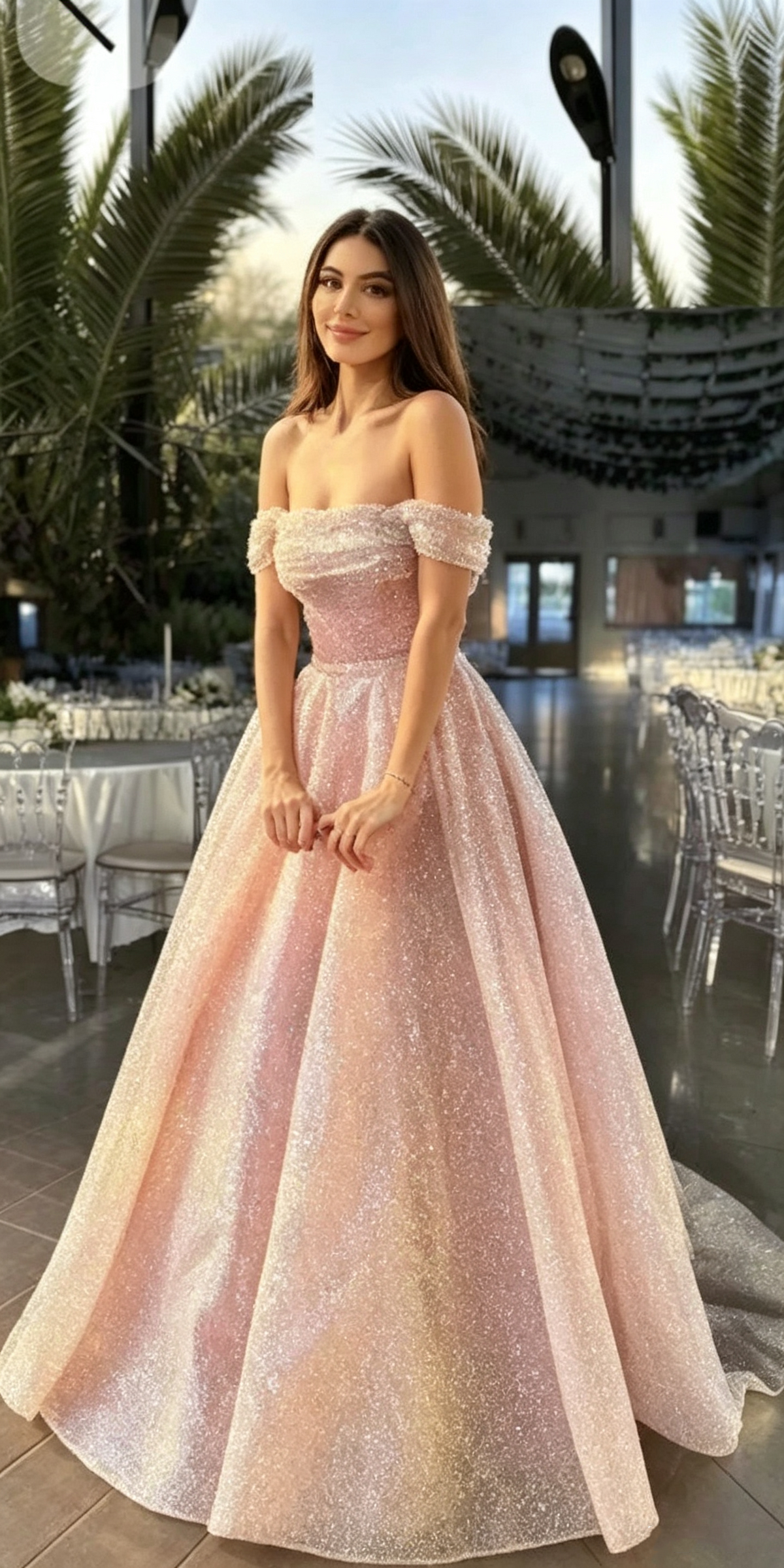 Elegant Pink Off The Shoulder Sequin Long Party Dress Prom Gown D1320