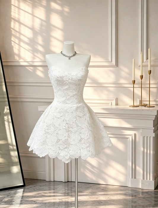Classy Strapless Vacation Dress White lace Floral A Line Short Birthday Dress Homecoming Dress D2548