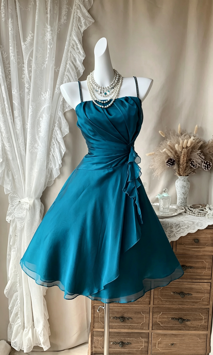 Unique Peacock Blue Satin Tulle Beaded Short Graduation Homecoming Dress,Spaghetti Straps A Line Short Cocktail Dress D4149