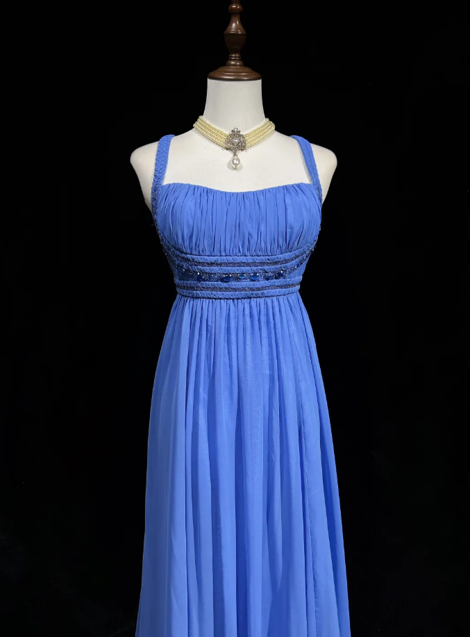 Elegant Spaghetti Straps Blue Chiffon Beaded Long Wedding Guest Dress,Formal Birthday Prom Dress Evening Dress D2072