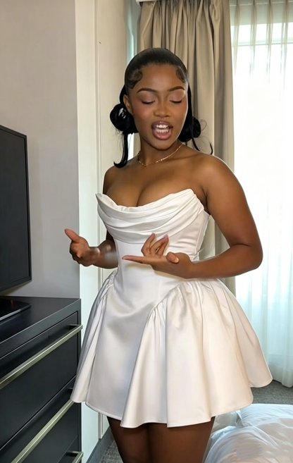 Pretty White Satin A Line Short 6th Grade Homecoming Dress,Strapless Mini Party Dress D3462
