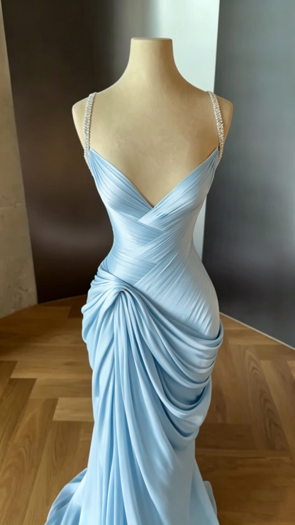 Elegant Pink Spaghetti Straps Satin Pleated Mermaid Long Party Dress Evening Dress D2978