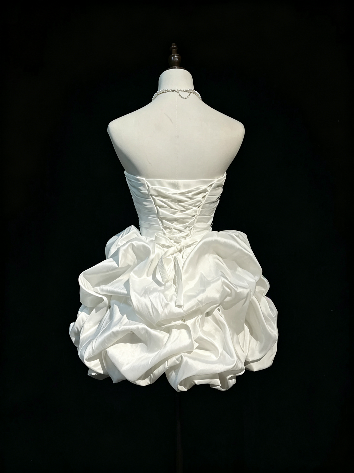 Pretty White Satin Pleated A Line Short Homecoming Dress,Strapless Short Party Gown D3366