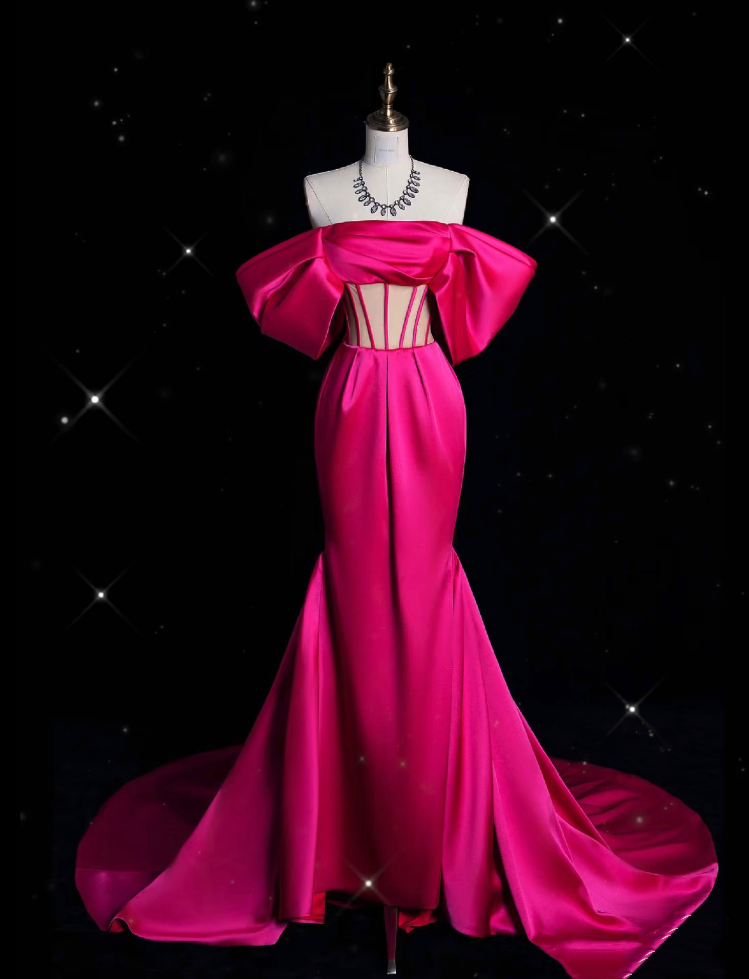 Sexy Mermaid Off The Shoulder Neckline Satin Pink Long Prom Dresses Party Dress SD1339